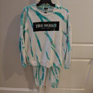 True Religion Men's XL White Turquoise sweatsuit Top & Pants Set
